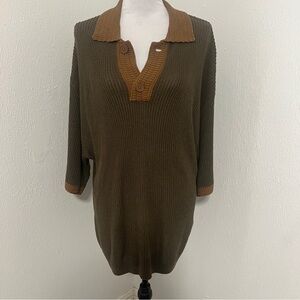 Zara Men’s Large Collared Short Sleeve V-Neck Sweater Olive & Tan NWOT Business